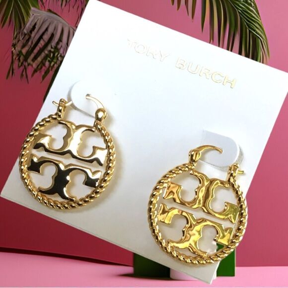 TORY BURCH ROPE DOUBLE T LOGO HOOP EARRINGS 14K GOLD OVER BRASS - Picture 1 of 3